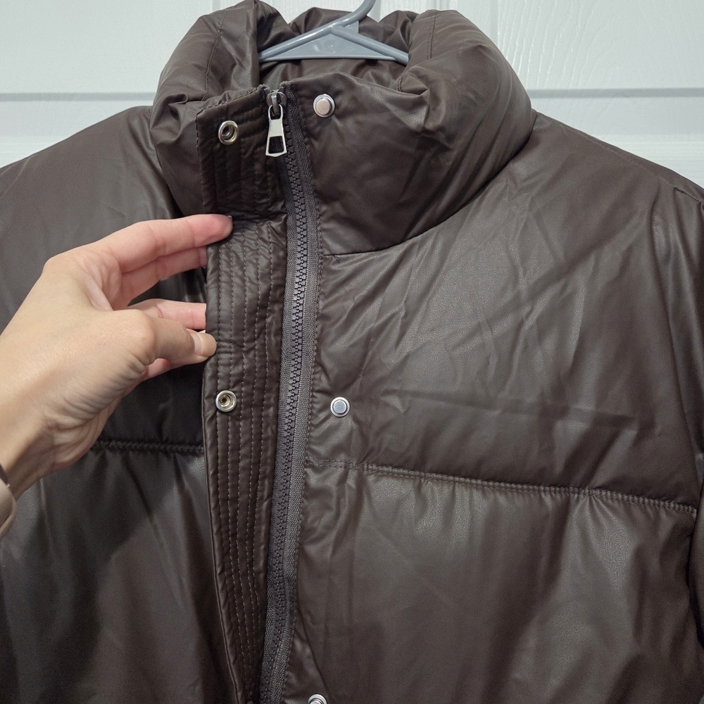 Express Women Brown Vegan Leather Cropped Puffer Jacket Size XL - Picture 7 of 15